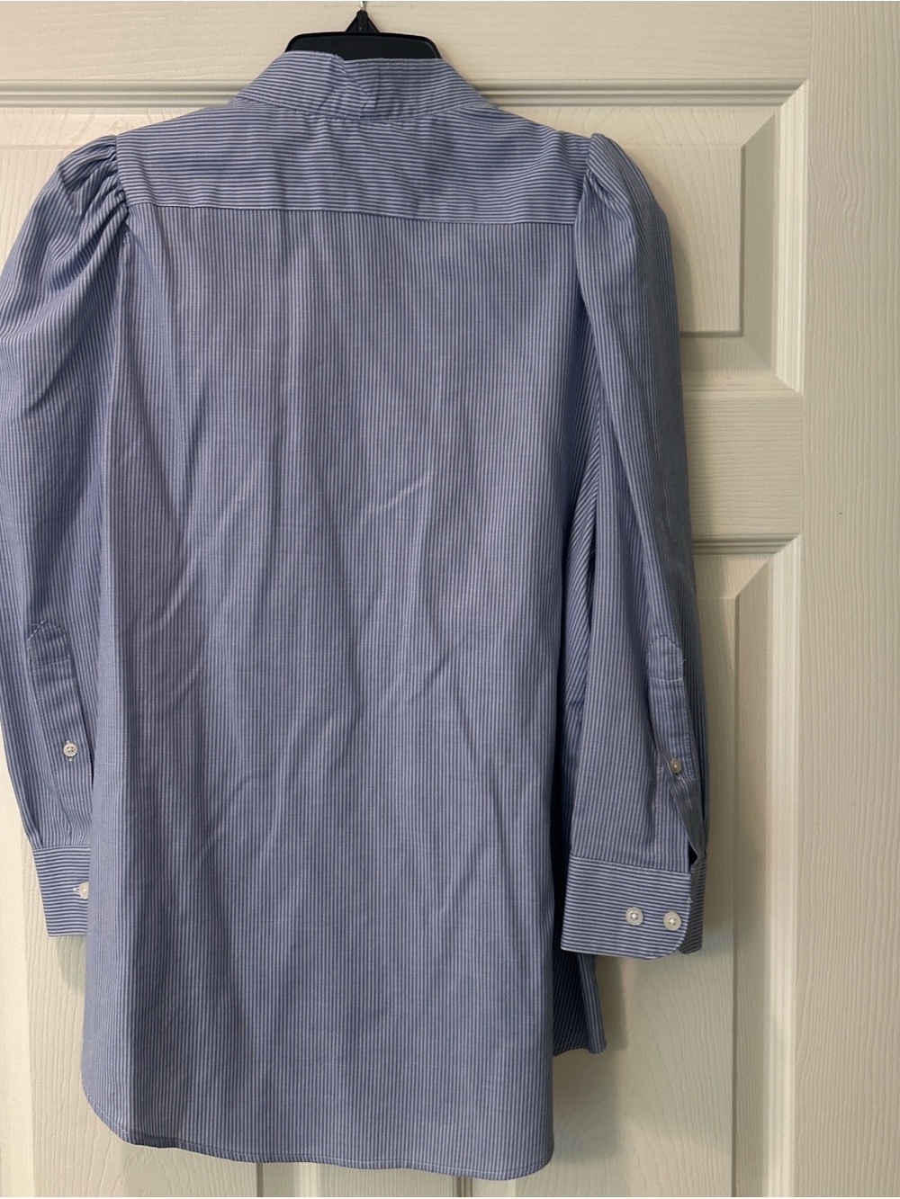 KMJ Ruffled Button-Up Blouse in Light Blue Pinstripe - Picture 2 of 4